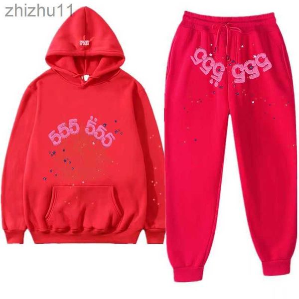 Hommes Sweat à capuche Hommes Designer Mode Spider Web Digital 555 Costume imprimé Casual Rouge Sweats à capuche Pantalon 2 pièces Ensemble Femmes Sports Wommen Survêtement K04D