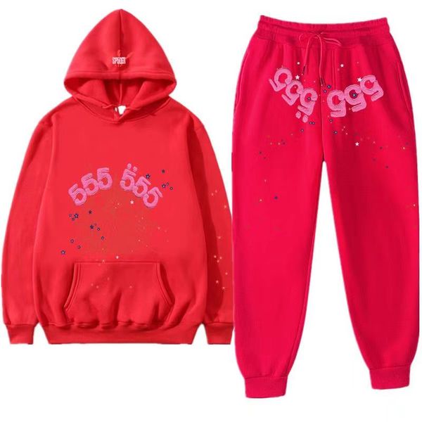 Hommes Sweat à capuche Hommes Designer Mode Spider Web Digital 555 Costume imprimé Casual Rouge Sweats à capuche 2 pièces Ensemble Femmes Sports Wommen Survêtement