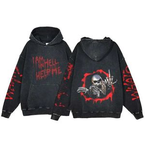 Mens HoodIeaneMe Skull Impreso Capiudad de Hoodie Men's Y2K Horror Retro Gótico de manga larga Swinter Sweater Harajuku Sweater Extra