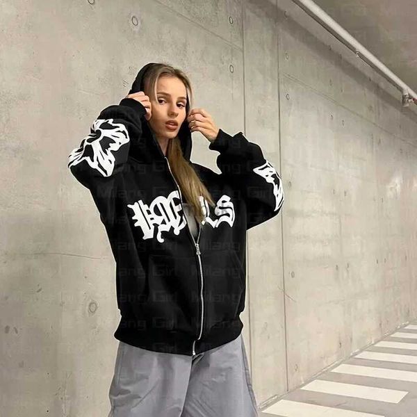 Hoodies pour hommes 2024 American Retro Womens Zipper Hoodie Y2k Privured Flake Letters Sports Pullover Long Manche à manches surdimensionnées Sweater Top 240412