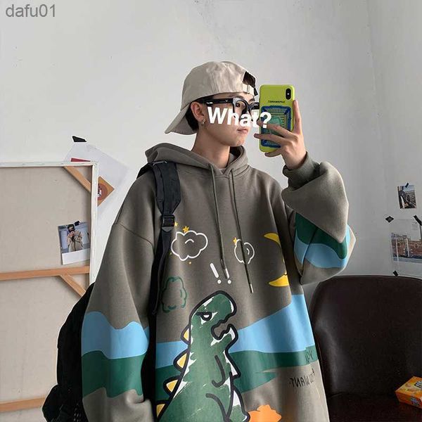 Hommes Hoodies Collège Dessin Animé Dinosaure Mignon Paresseux Style À Capuche Vêtements Automne Japonais Streetwear Casual Couple Coton