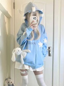 Heren Hoodies Qweek Japanse Y2K Zip Up Blue Hoodie Dames Harajuku Kawaii Angel Wings Roze Sweatshirts Oversized Subcultuur Star Black Jacket 240412