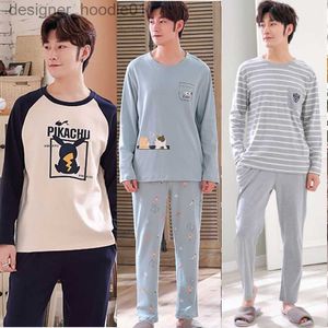 Sweats à capuche pour hommes Sweatshirts 100 coton hommes pyjamas vêtements de nuit mignons homme pyjama ensemble mâle vêtements de nuit coréen Baju Tidur à manches longues pantalons longs vêtements grande taille L3XL pyjama A