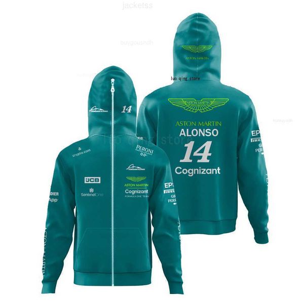 Sudaderas con capucha para hombre Sudaderas 2023 Nueva F1 Racing Deportes extremos al aire libre Cremallera de gran tamaño Aston Martin Team 14 Alonso Fan Sudaderas con capucha Chaqueta de calle