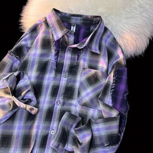 Sweats à capuche pour hommes Sweatshirts American Retro Plaid Patchwork Purple Chemise Casual Tops Hommes Sweatshirts High Street Couples Trendy Streetwear 230803