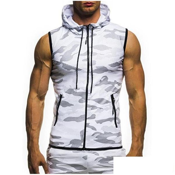 Sweats à capuche pour hommes Sweatshirts Ele-Choices Été Hommes Gym Fitness Camouflage Mesh Zip Up Sans Manches À Capuche Débardeur Drop Livraison Vêtements Cl Otxzg