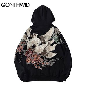 Heren Hoodies Sweatshirts GONTHWID Japanse Streetwear Hoodie Hip Hop Sweatshirt Geborduurde Capuchon Harajuku Katoen Casual Trui Zwart 230207