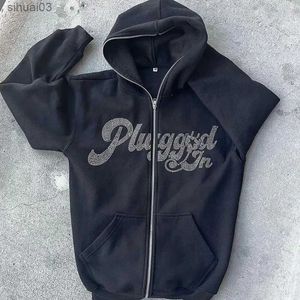 Sweats à capuche pour hommes Sweatshirts Hip Hop grunge sweat-shirt mode coréenne punk veste de sport pull strass lettre gothique à manches longues sweat à capuche zippé Y2k mens jacke