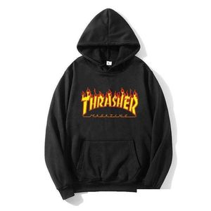 Heren Hoodies Sweatshirts Man Dames Hooded Thrasher Flame Print Sweatshirt Mtiple Colors Drop Delivery Dhwis