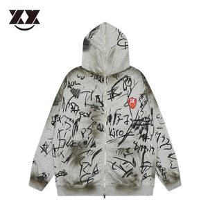 Sweats à capuche pour hommes Sweatshirts Hommes High Street Graffiti Imprimer À Capuche Zip Up Veste Unisexe Hip Hop Harajuku Streetwear Mode Coton Manteau Unisexe À Capuche Jacke J231116