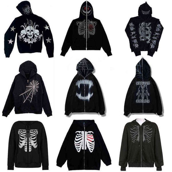 Hoodies pour hommes Sweatshirts strass Spider web squelette imprimé noir y2k goth goth à manches longues à capuche complète à capuche à swets à swets surdimensionnés