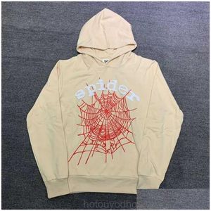 Heren Hoodies Sweatshirts Sp5Der 555555 Hoodie Rood 3D Foam Printing Spinnenweb Capuchon Young Thug Plevier Abrikoos Mannen Vrouwen Cactus Kleden Ots5D