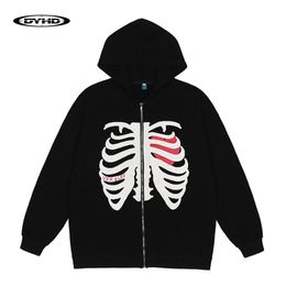 Heren Hoodies Sweatshirts Vesten Oversized Skeleton Zip Up Hoodie Heren Streettrip Gothic Schuimprinten Capuchon Dun Unisex Lente Herfst 221121