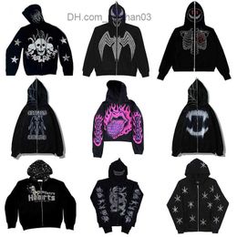 Hoodies pour hommes Sweatshirts Y2K Full Zip Hoodie Automne Gothic Rinestone Spider Web Sweatshirt Hip Hop Grunge Skeleton Veste surdimensionnée Z230802