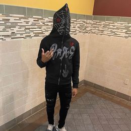 Heren Hoodies Sweatshirts Y2K Full Zip Up Hoodie Mannen Herfst Winter Gothic Strass Spider Web Sweatshirt Hip Hop Grunge Skeleton Oversized Jas Jas 230114