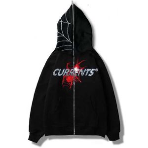 Heren Hoodies Sweatshirts Y2K Spider Diamond Mannen Rits Hoodie Gothic Letter grafische Strass punk kleding Tiener Oversized Sweatshirts met rits Streetwe