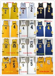 Mens # 5 Jalen Rose Michigan Wolverines Basketball Jersey cousé # 4 Chris Webber # 25 Juwan Howard # 41 Glen Rice # 2 Jord Poole Michigan Jerseys S-3XL