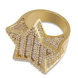 Mens Iced Out 3D Gold Super Star Rings Micro Pave Cubic Zirconia Anillo de hip hop con diamantes simulados chapados en oro de 14 quilates con caja de regalo 2847