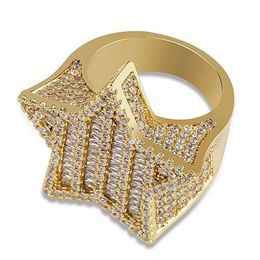 Mens Iced Out 3D Gold Super Star Rings Micro Pave Cubic Zirconia Anillo de hip hop con diamantes simulados chapados en oro de 14 quilates con caja de regalo 2489