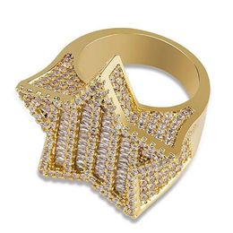 Hommes Iced Out 3D Gold Super Star Anneaux Micro Pave Zircone Cubique Plaqué Or 14K Diamants Simulés Bague Hip hop avec boîte-cadeau245x