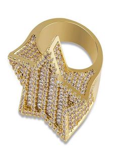 Hommes glacés en or 3D Gold Super Star Rings Micro Pave Cubic Zirconia 14k plaqués en or Simulated Diamonds Hing Hop With Gift Box1174208