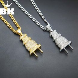 Mens Iced Out Bling Bling Plug Colgante Collar Oro Plata Color Charm Micro Pave Full Rhinestone Joyería HipHop 2009283171