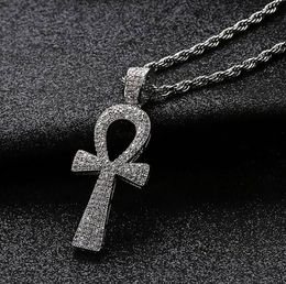 Mens Iced Out Egyptian Ankh Sleutel van Leven CZ Bling Hanger Micro Pave Pave Cubic Zirconia Ketting Hip Hop Goud Zilveren Sieraden met Geschenkdoos