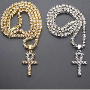 Collier pendentif clé Ankh égyptien glacé pour hommes, plaqué or 18 carats, strass Hip Hop, chaîne de tennis en cristal, bijoux Hip Hop, collier 284H