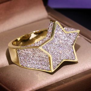 Mens Iced Out Gold Rings High Quality Five-pointed Star Stones Rings Hip Hop Ring Jewelry