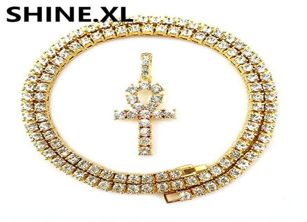 Hommes glacés Hip Hop Gold Artificial Diamond Ankh Lab Diamond 1 Row Tennis Chain 24 pouces Bling Jewelry4657798