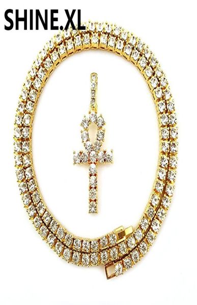 Hommes glacés Hip Hop Gold Artificial Diamond Ankh Lab Diamond 1 Row Tennis Chain 24 pouces Bling Jewelry9458959