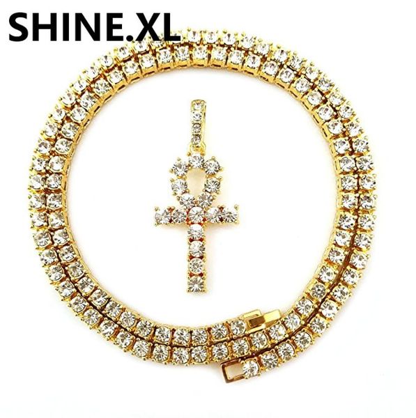 Hommes glacés Hip Hop Gold Artificial Diamond Ankh Lab Diamond 1 Row Tennis Chain 24 pouces bijoux bling1551345