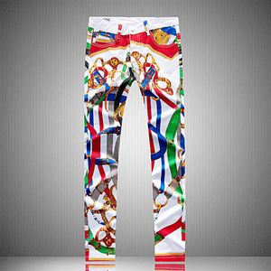 Hommes irréguliers peints Graffiti impression conception Jeans droit Long crayon pantalon homme adolescent blanc Streetwear Sim Biker Denim Pant248A