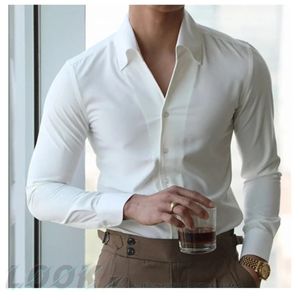 Chemise à col italien pour hommes, sans plis, décontractée, à la mode, coupe cintrée avec revers, vêtements de marque pour jeunes, 240326