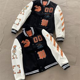 Mens Jackets 2023 Street Hip Hop Ow Uniforme de béisbol bordado uniforme de panel suelto Jacket Unisex Spring y Autumn Casual 230821