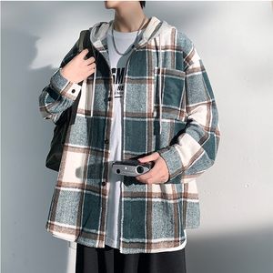 Hommes Vestes Automne Collège Style Plaid À Capuche Veste Hommes Lâche Mode Femmes À Capuche Tissu De Laine Mâle Couple Coréen Manteau 230725