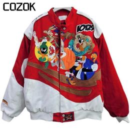 Heren Jassen Herfst Winter Cartoon Borduurwerk Honkbal Plus Size Parka Mannen Vrouwen Casual Motorfiets Lange Mouw Vintage Bomberjack jas 230726