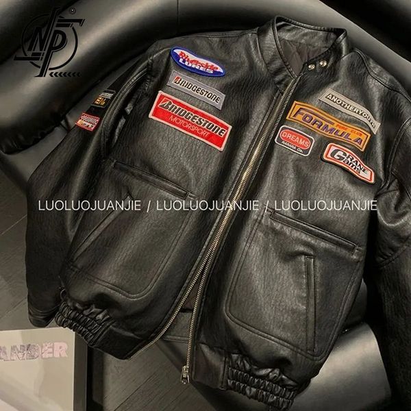 Chaquetas para hombre Letra negra Bordado PU Chaqueta de cuero Hombres Mujeres Primavera Vintage Patchwork Motocicleta Parche Abrigo Casual Prendas de abrigo cortas Unisex 230809