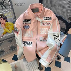 Heren Jackets Gmiixder Motorfiets Leather Lederen Unisex High Street Hiphop Pink Bomber Jacket American Vibe Workwear Letter Baseball Uniform 2310165