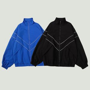 Heren jassen hip hop reflecterend gestreept harajuku patchwork rits windjack streetwear casual losse varsity jassen unisex blauw 230203