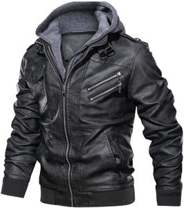 Chaquetas para hombre con capucha y cuello redondo, chaqueta de bombardero de motocicleta con cremallera de cuero sintético de PU y ropa extraíble para hombre 221129