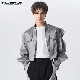 Heren Jassen INCERUN Mannen Effen Kleur Stand Kraag Streetwear Lange Mouwen Button Crop Jassen Glanzende Mode Bovenkleding S5XL 7 230804