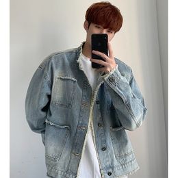 Giacche da uomo Coreano High Street Colletto alla coreana Bomber Giacca di jeans Uomo Harajuku Multitasche Nappa Cappotto Primavera Autunno Casual Unisex 230804