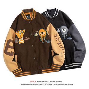 Vestes pour hommes Hommes Brodé Varsity Veste Hip Hop Lâche Femme Pu Manches En Cuir Baseball Manteaux Automne Couple Patch Rétro Brun Bomber 230810