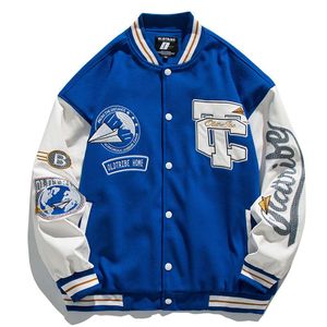 Hommes Vestes Hommes Femme Printemps Automne Varsity Epaulettes Broderie Lâche Baseball Uniforme Couple Bleu Rétro En Cuir Manches Bomber Manteaux 230725