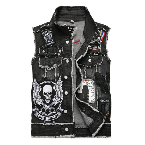 Vestes pour hommes Moto Mens Biker Denim Gilet Multi Rivet Badge Patch Design Punk Rock Gilet Crâne Broderie Sans Manches Jeans Veste 2024