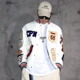 Мужские куртки с многобуквенной вышивкой, белая бейсбольная форма, кожаная куртка в стиле ретро, пальто для тяжелой промышленности 231010