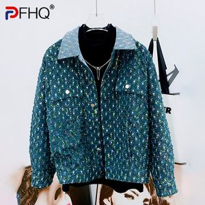 Vestes pour hommes PFHQ Automne Mode Paillettes Denim Personnalité Perle Style Safari Usé High Street Poche Polyvalent Manteau 21Z1235 230809