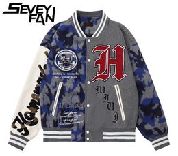 Vestes pour hommes SEVEYFAN Veste Hip Hop Hommes Lettres Impression Camouflage Patchwork Baseball Streetwear Mode Lâche Casual Outwe 221129