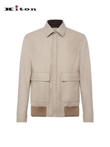 Herenjassen Lente Kiton Wol Beige Grote Zak Geruite Revers Rits Jas